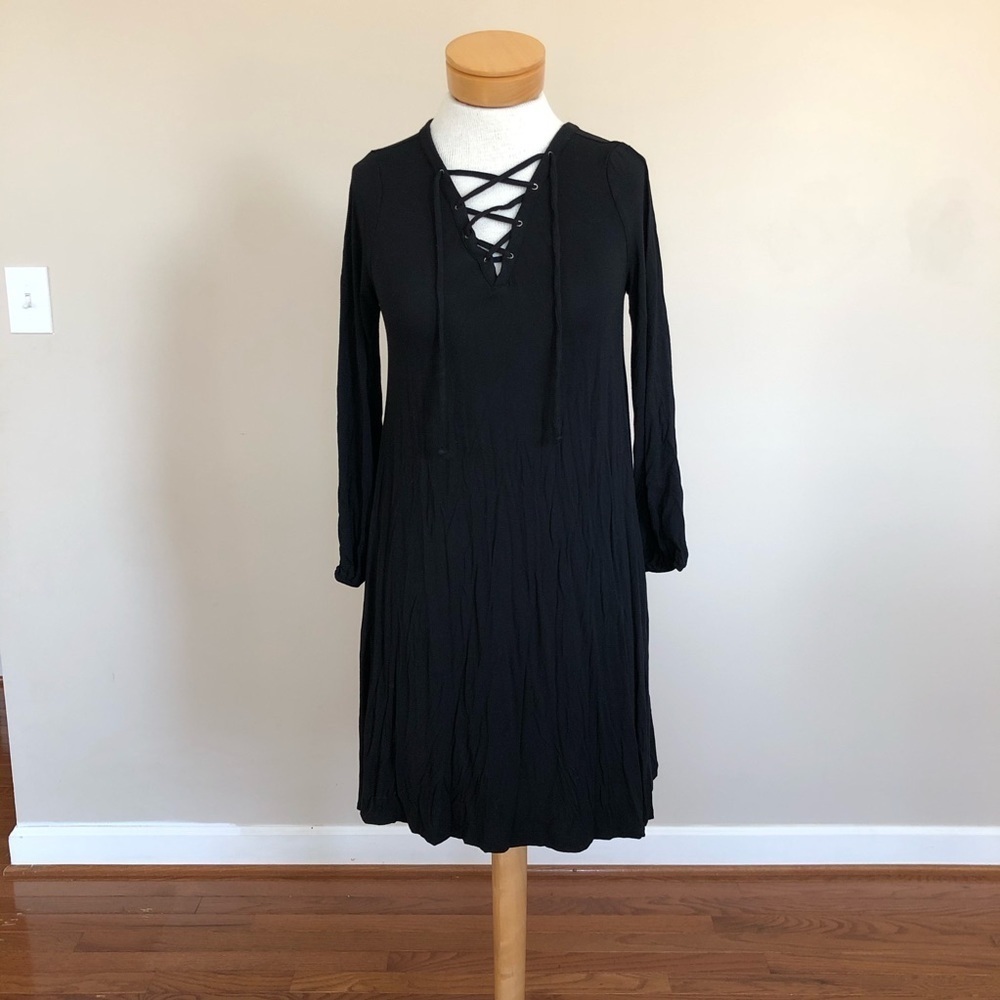 Old Navy Black Lace Up Neck Dress Long Sleeve A-Line Shift Size Small
